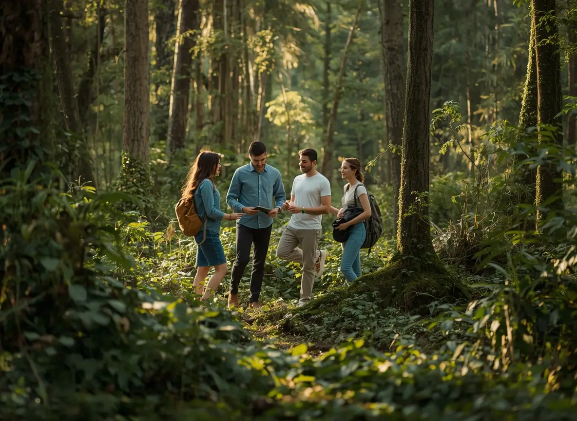 Four friends explore a lush forest, discussing their surroundings while enjoying nature together.
