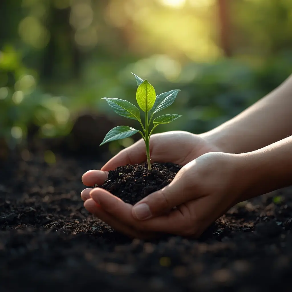 Hands gently cradle a small green plant in rich soil, symbolizing growth and nurturing in a natural setting.