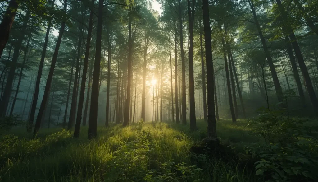 Sunlight filters through a misty forest, illuminating tall trees and lush green undergrowth.