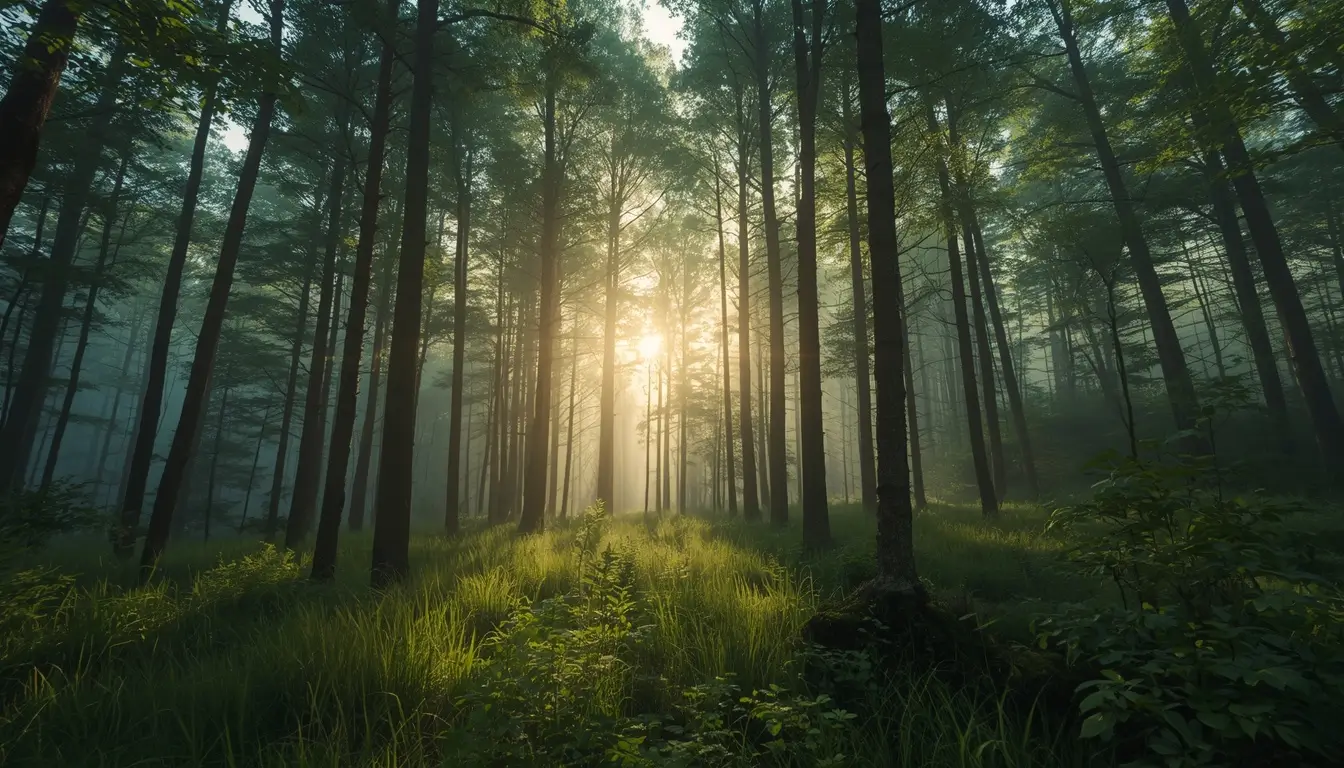 Sunlight filters through a misty forest, illuminating tall trees and lush green undergrowth.
