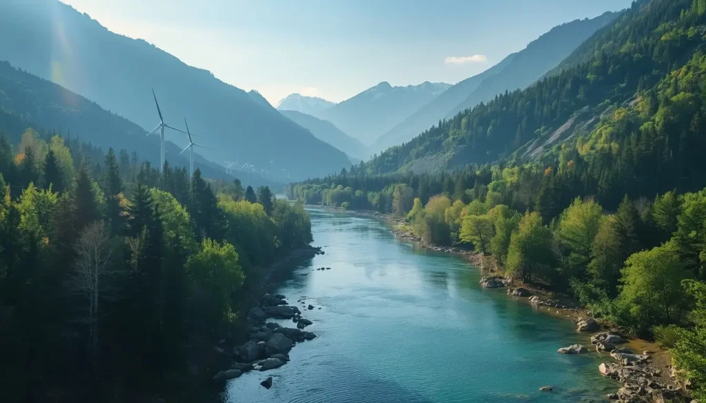 Serene river winding through lush forests and mountains, with wind turbines visible in the distance under a clear sky.