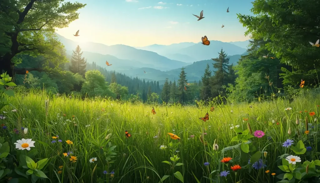 A vibrant meadow filled with wildflowers and butterflies, set against a backdrop of rolling mountains and a clear sky.